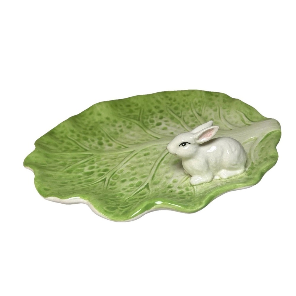 Cabbage Leaf with Bunny Trinket Dish Ceramic Whimsical Spring Easter Cottagecore